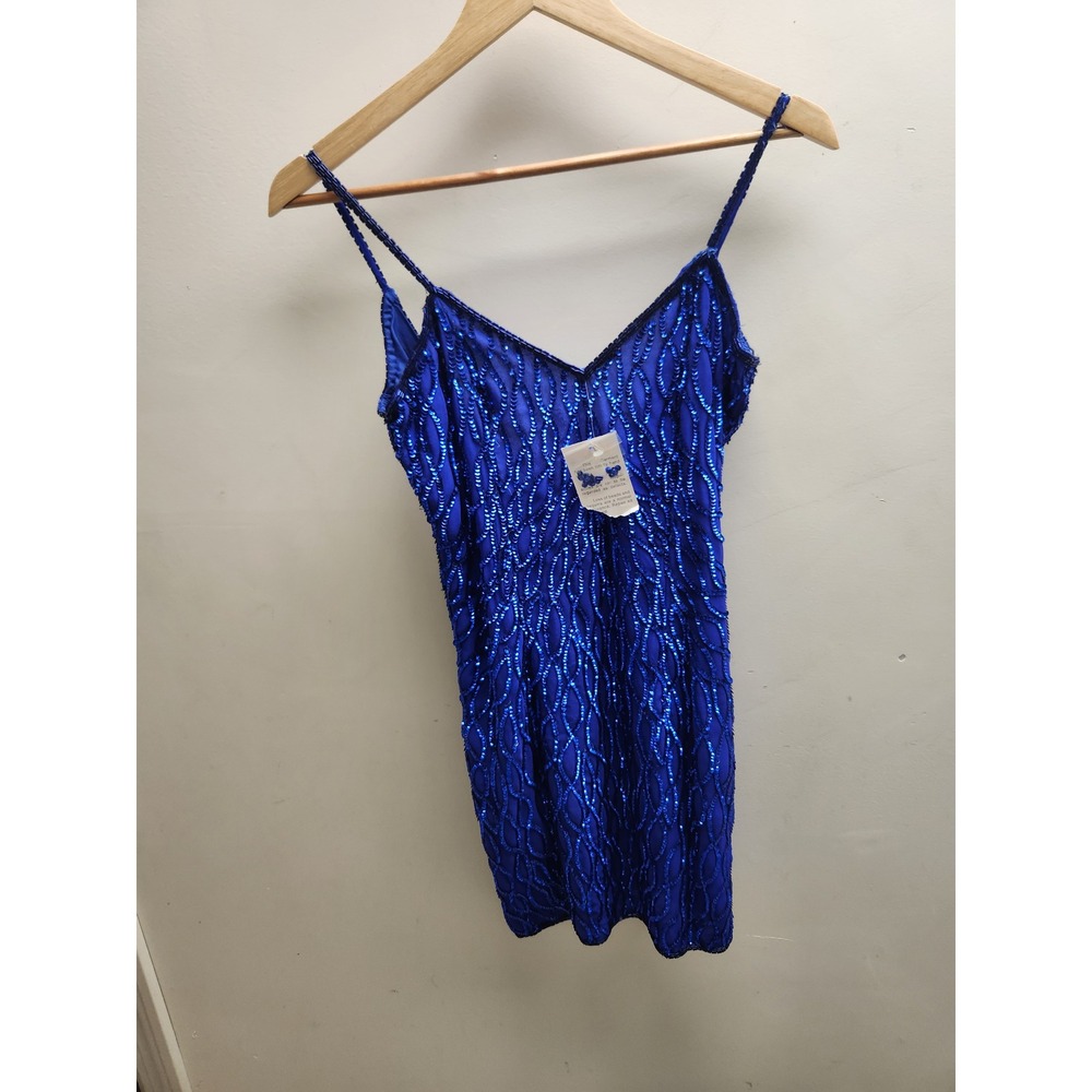Vintage Royal Blue Sequin Beaded Silk Mini Dress V-Neck Spaghetti Strap NWT PP